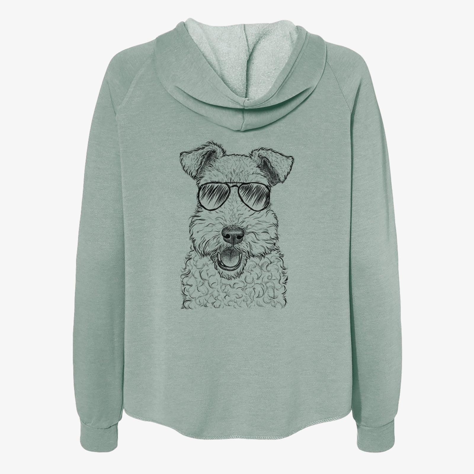 Hand-drawn sketch of Ted the Wire Fox Terrier wearing aviator sunglasses on a Sage Women's cali wave zip-up sweatshirt