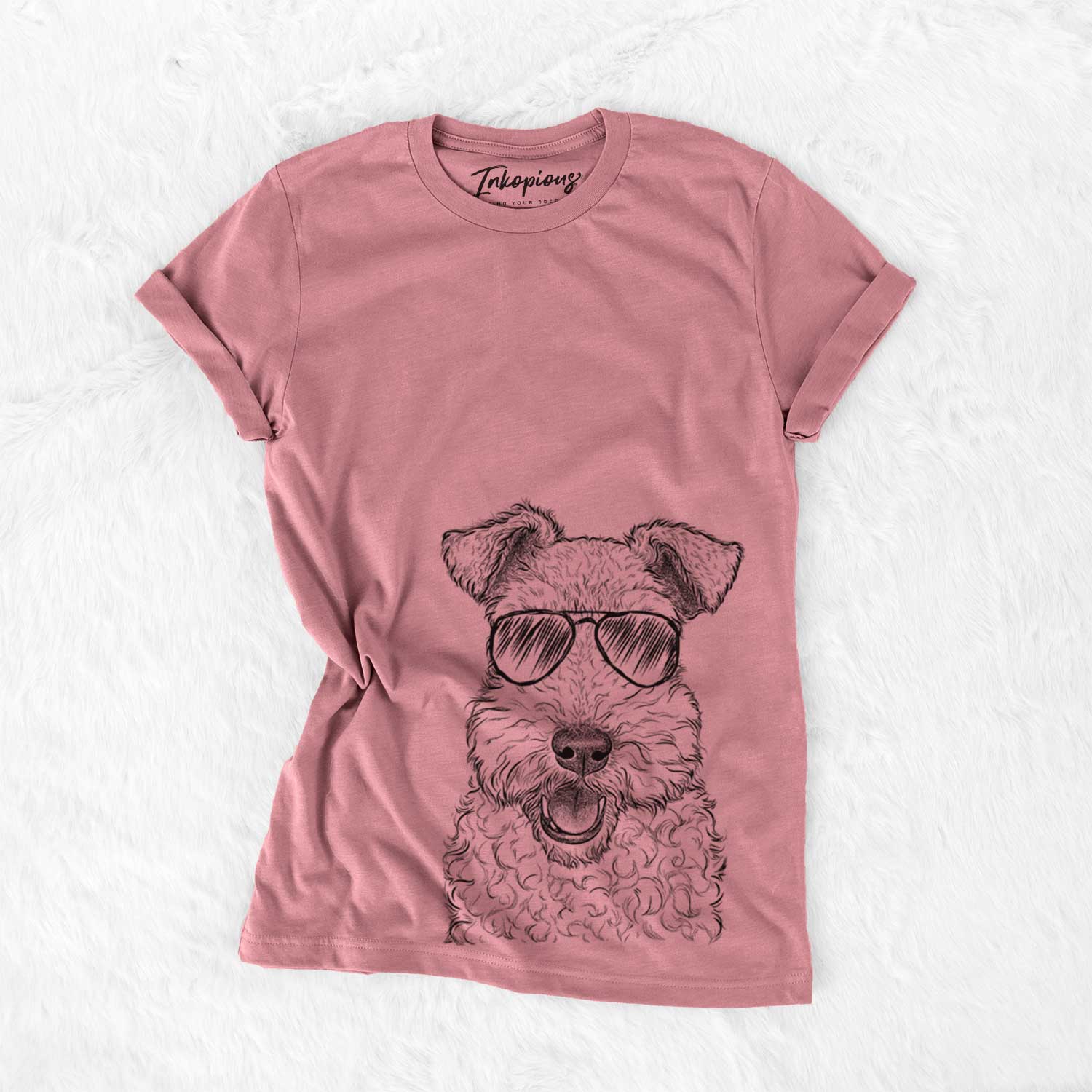 Hand-drawn sketch of Ted the Wire Fox Terrier wearing aviator sunglasses on a Mauve Unisex crewneck