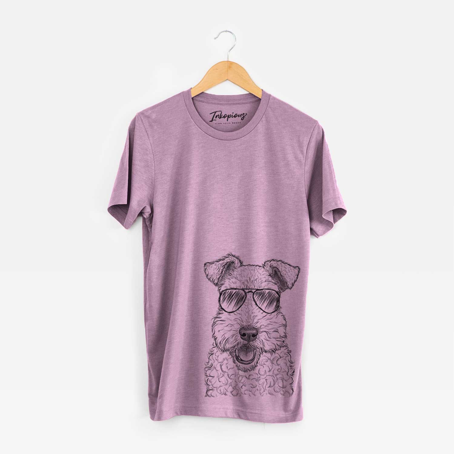 Hand-drawn sketch of Ted the Wire Fox Terrier wearing aviator sunglasses on an Orchid Unisex crewneck