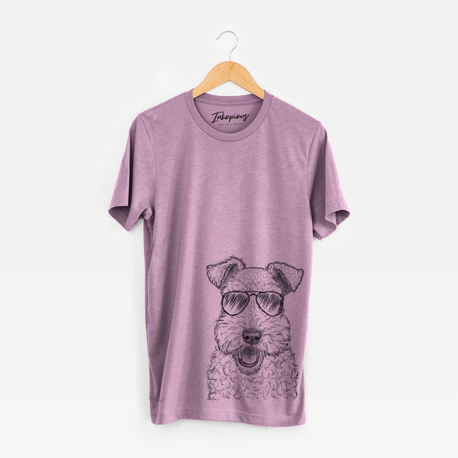 Hand-drawn sketch of Ted the Wire Fox Terrier wearing aviator sunglasses on an Orchid Bella Canvas Unisex Crewneck