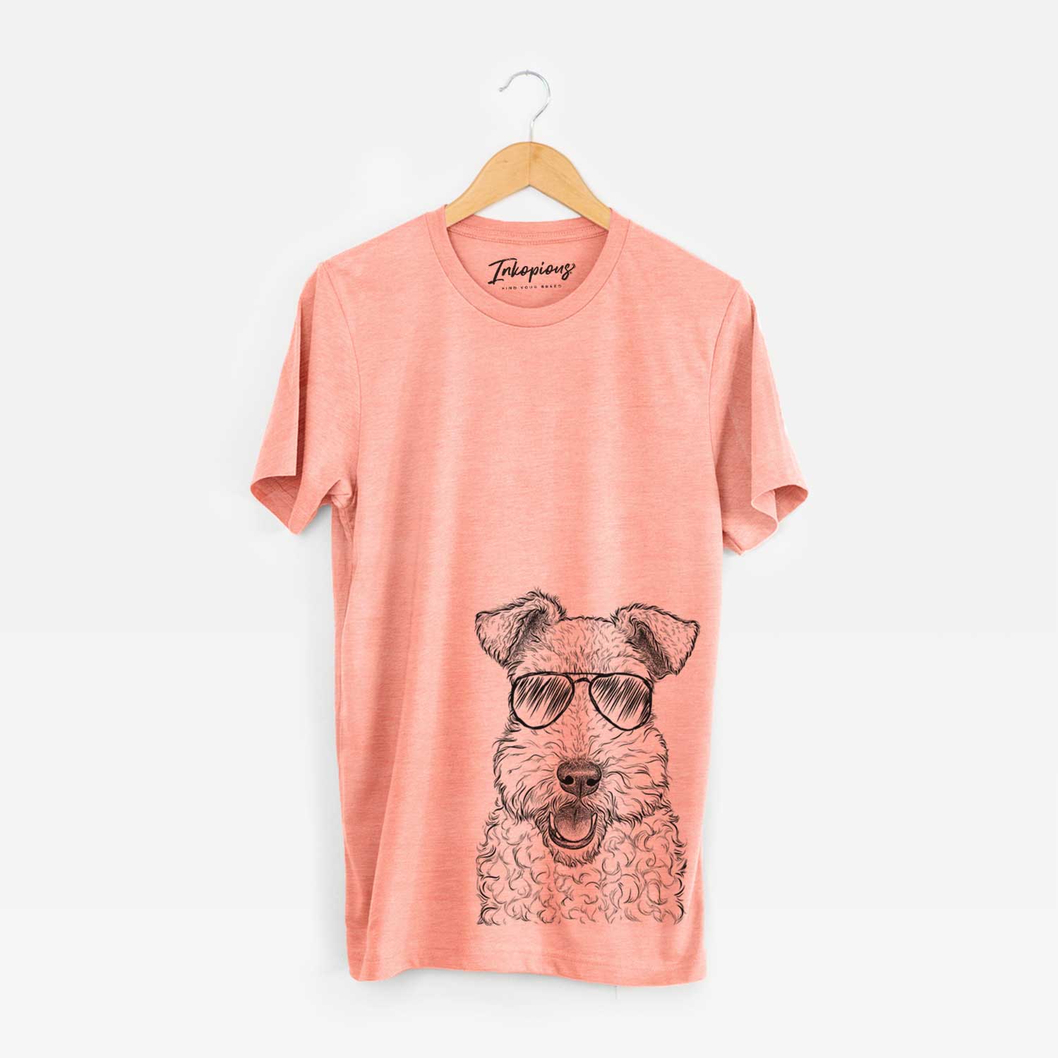 Hand-drawn sketch of Ted the Wire Fox Terrier wearing aviator sunglasses on a Sunset Unisex crewneck
