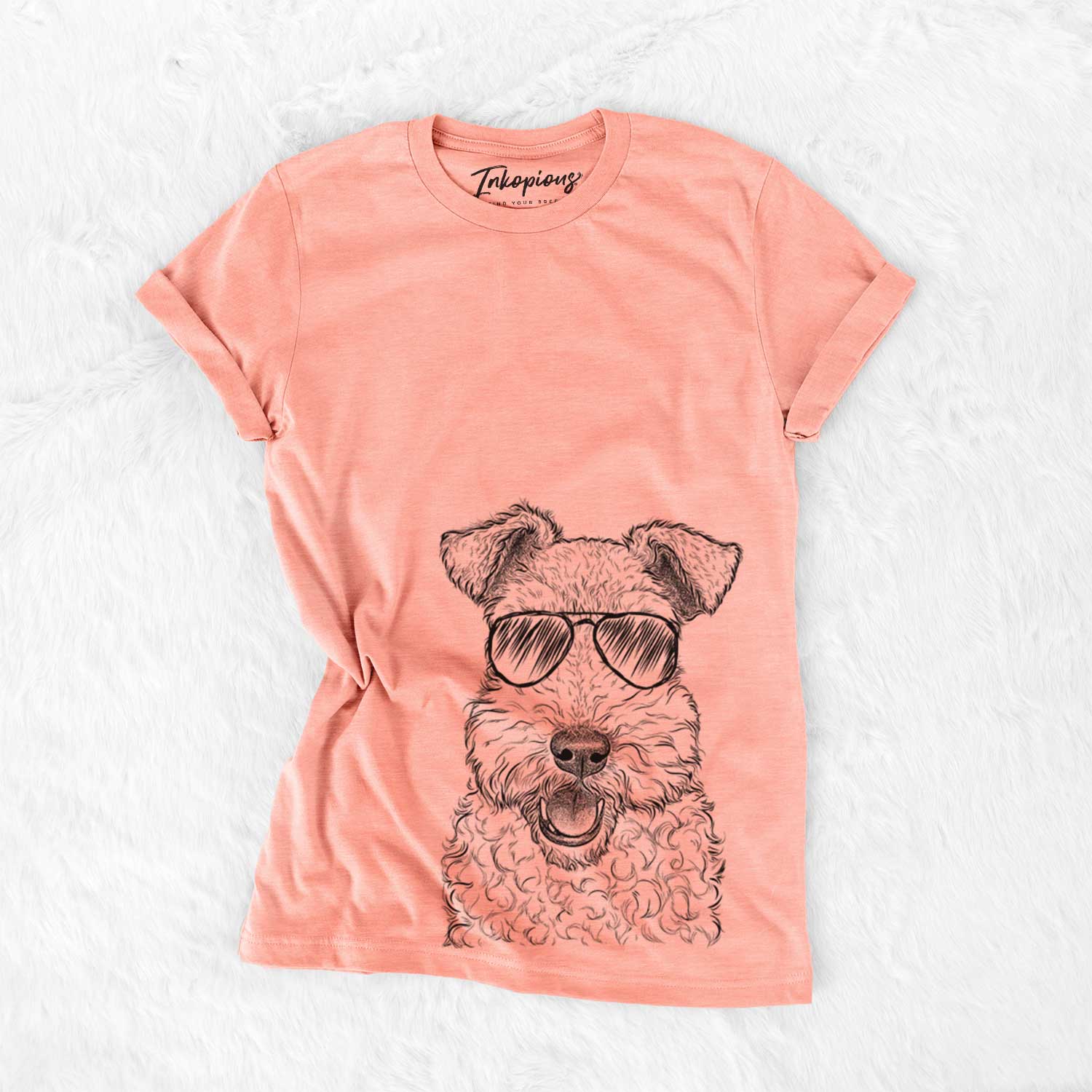 Hand-drawn sketch of Ted the Wire Fox Terrier wearing aviator sunglasses on a Sunset Bella Canvas Unisex Crewneck