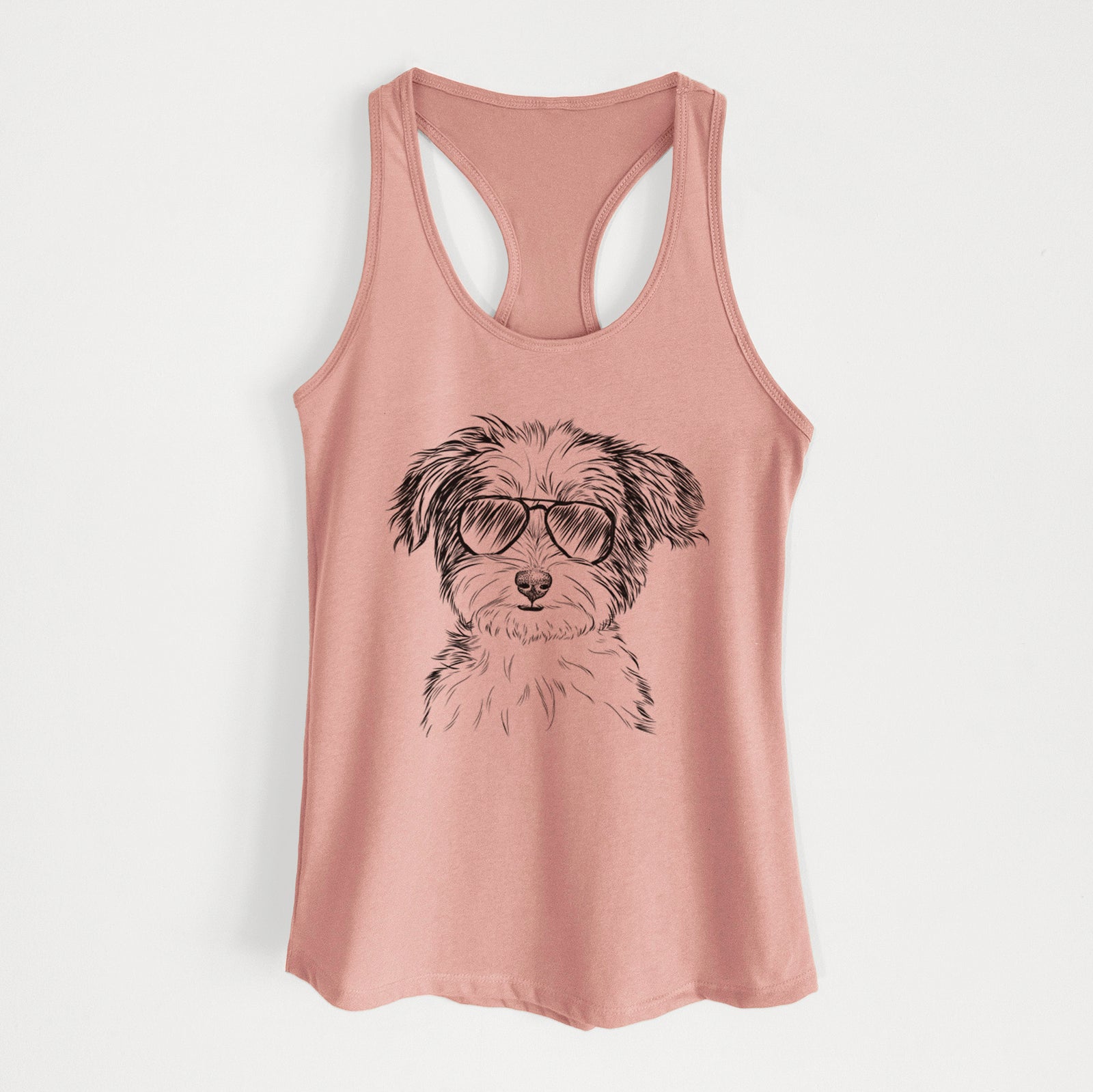 Hand-drawn sketch of Teddy the Havanese wearing aviator sunglasses on a Desert Pink Women's racerback tanktop
