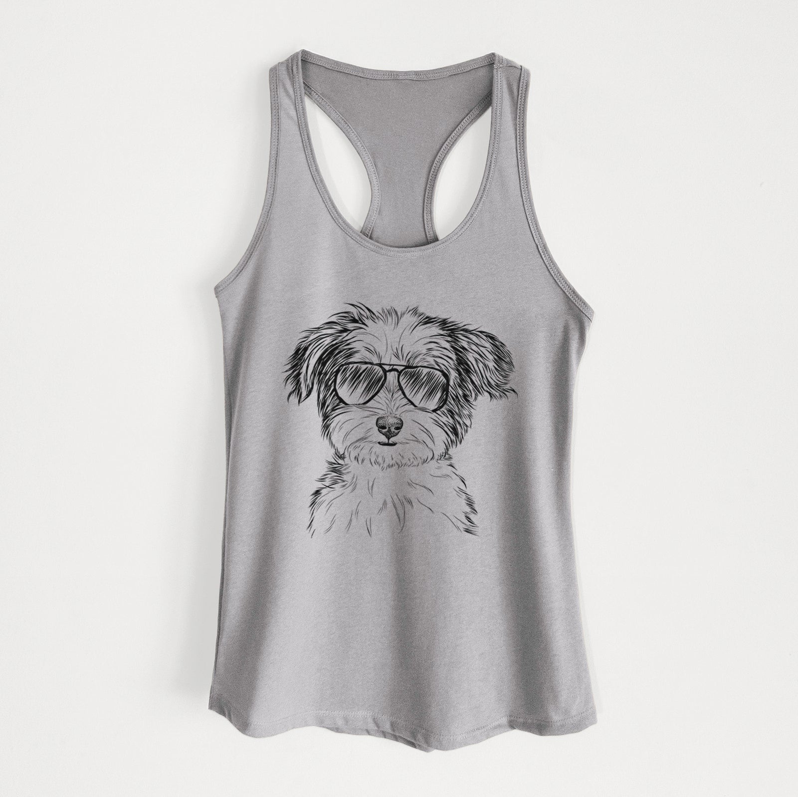 Hand-drawn sketch of Teddy the Havanese wearing aviator sunglasses on a Heather Grey Women's racerback tanktop