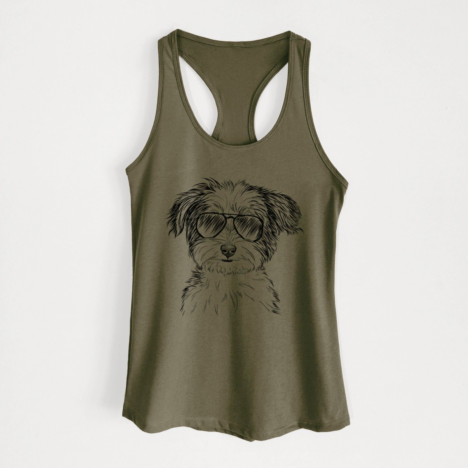 Hand-drawn sketch of Teddy the Havanese wearing aviator sunglasses on a Military Green Women's racerback tanktop