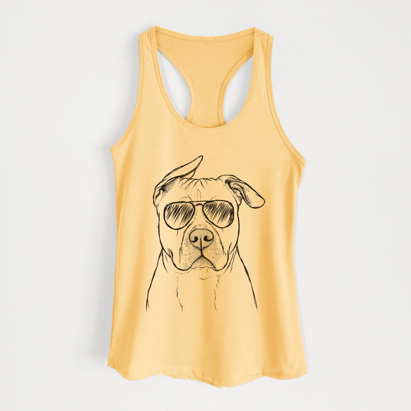 Hand-drawn sketch of Teddy Jam the Pitbull wearing aviator sunglasses on a Banana Cream Women's racerback tanktop