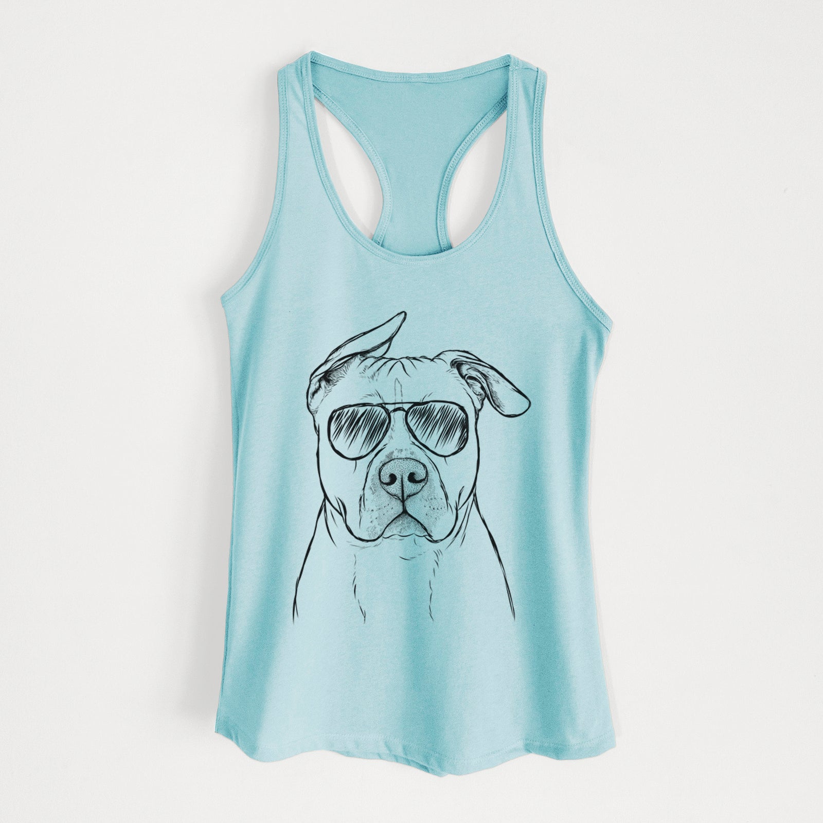 Hand-drawn sketch of Teddy Jam the Pitbull wearing aviator sunglasses on a Cancun Blue Women's racerback tanktop