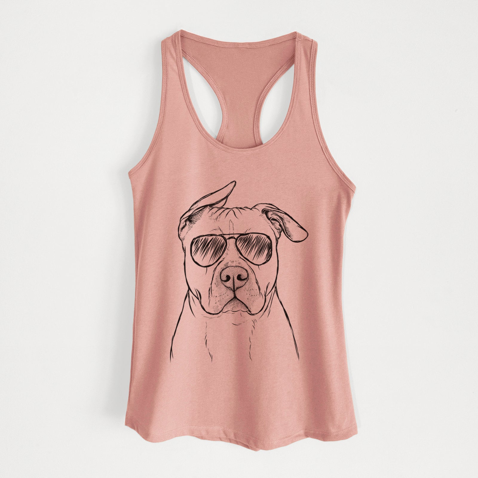 Hand-drawn sketch of Teddy Jam the Pitbull wearing aviator sunglasses on a Desert Pink Women's racerback tanktop