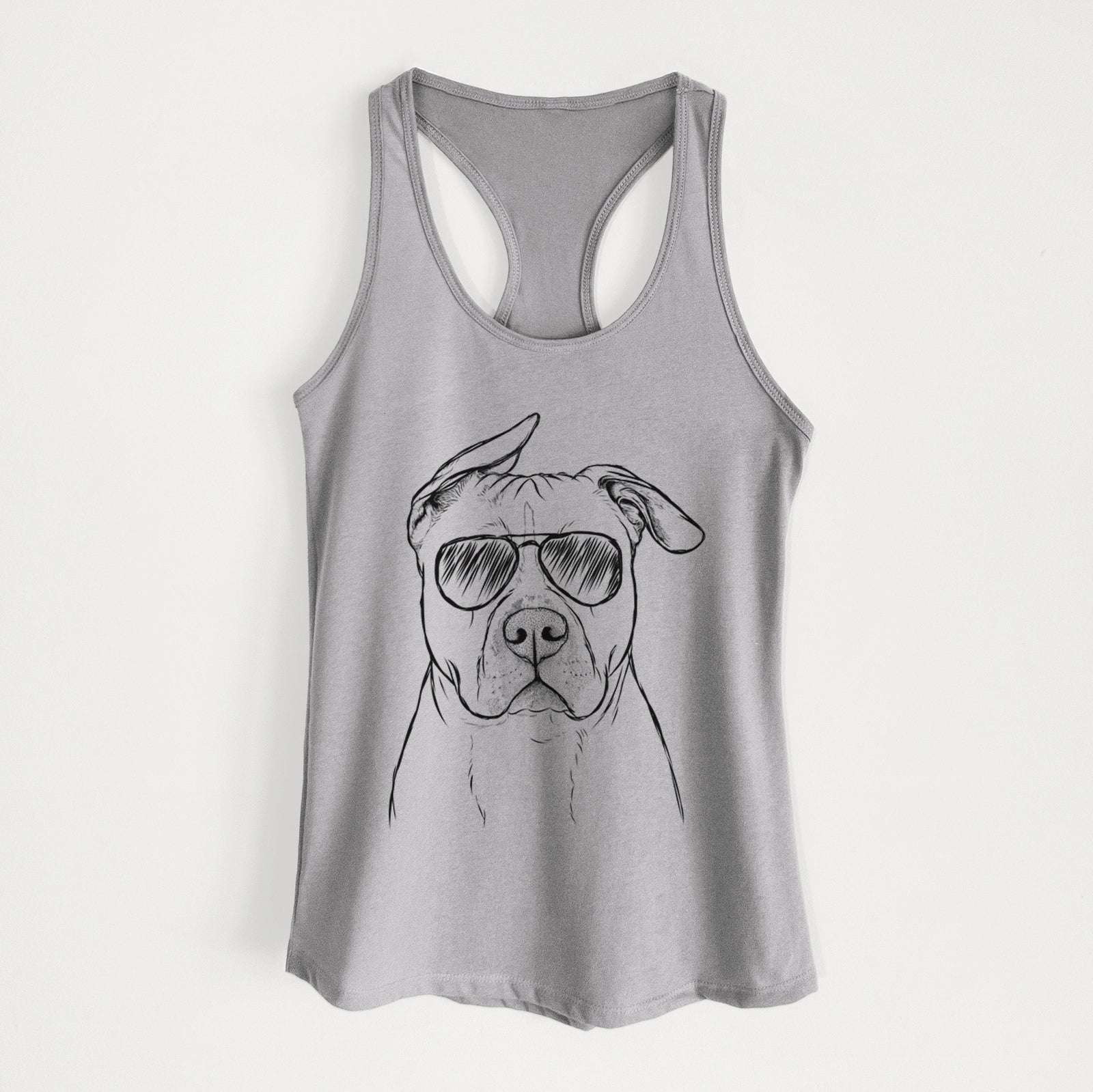 Hand-drawn sketch of Teddy Jam the Pitbull wearing aviator sunglasses on a Heather Grey Women's racerback tanktop