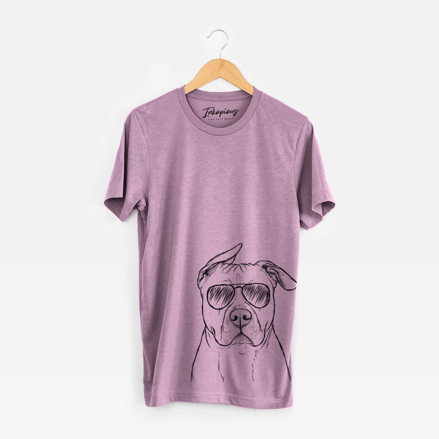 Hand-drawn sketch of Teddy Jam the Pitbull wearing aviator sunglasses on an Orchid Bella Canvas Unisex Crewneck
