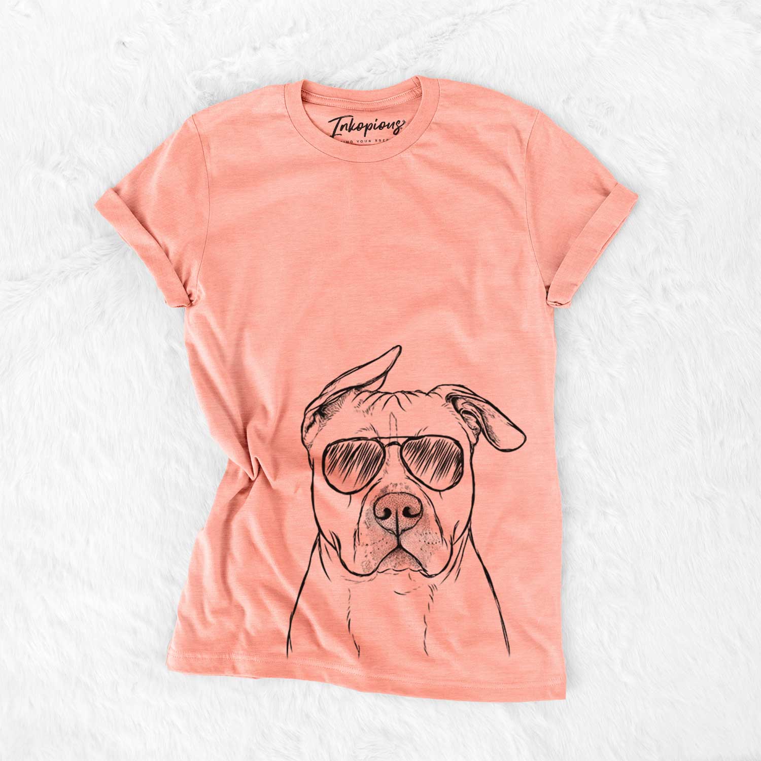 Hand-drawn sketch of Teddy Jam the Pitbull wearing aviator sunglasses on a Sunset Bella Canvas Unisex Crewneck