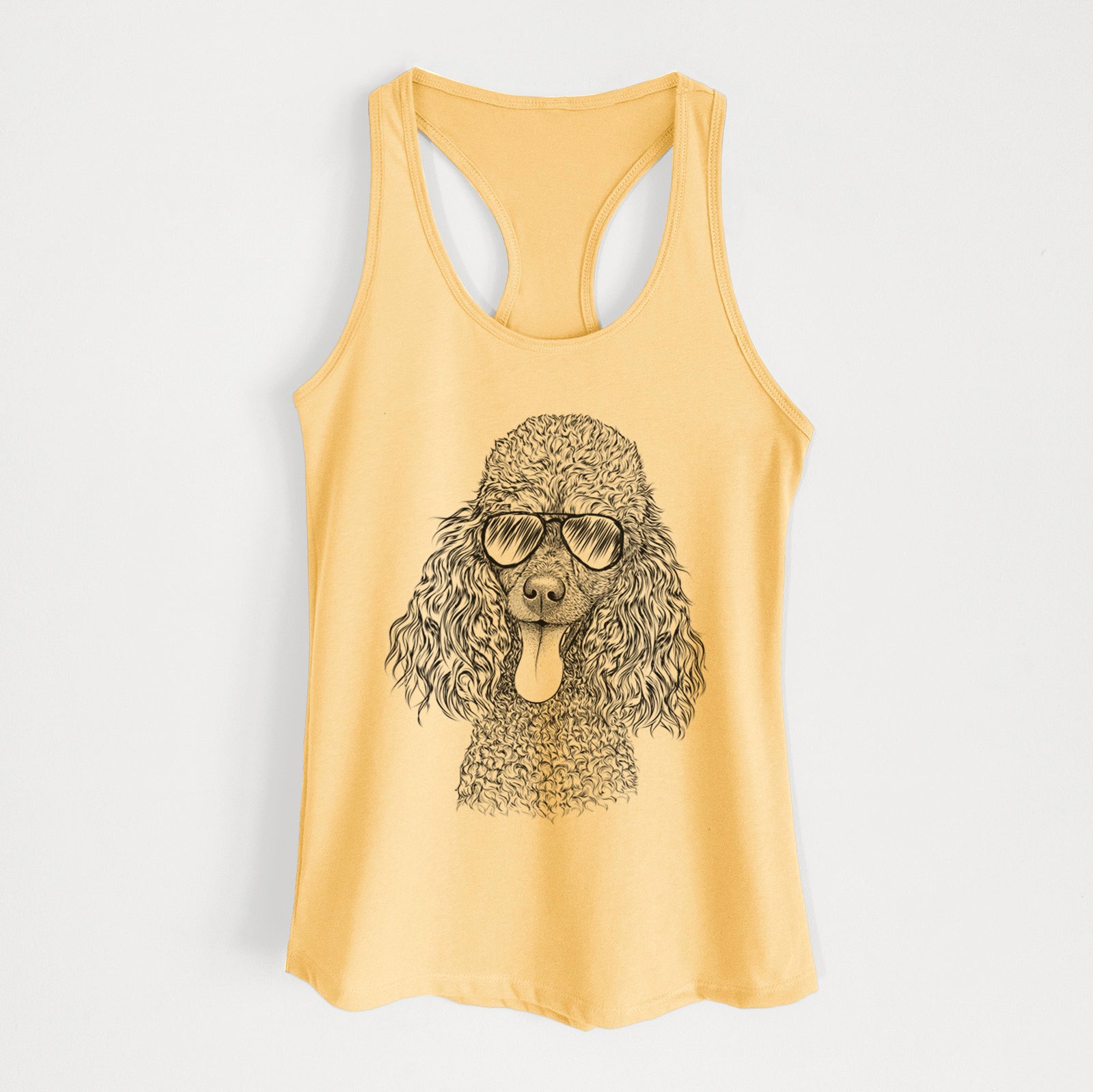 Hand-drawn sketch of Teddy the Mini Poodle wearing aviator sunglasses on a Banana Cream Women's racerback tanktop