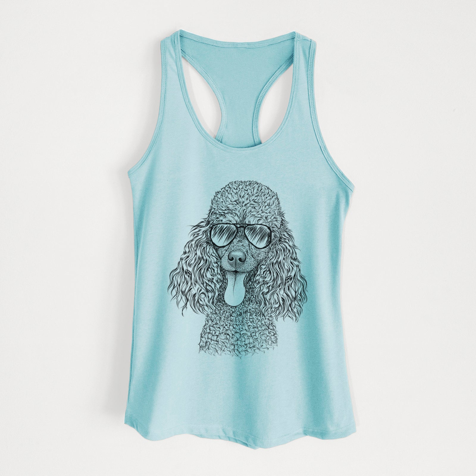 Hand-drawn sketch of Teddy the Mini Poodle wearing aviator sunglasses on a Cancun Blue Women's racerback tanktop