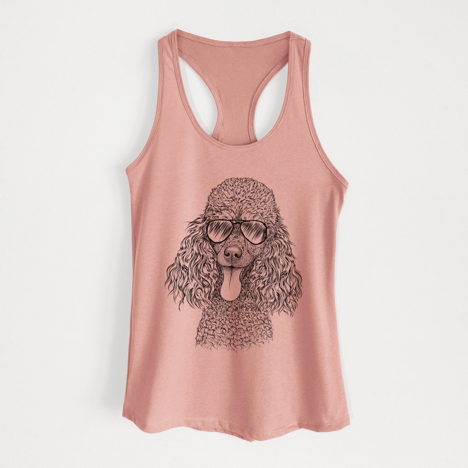 Hand-drawn sketch of Teddy the Mini Poodle wearing aviator sunglasses on a Desert Pink Women's racerback tanktop