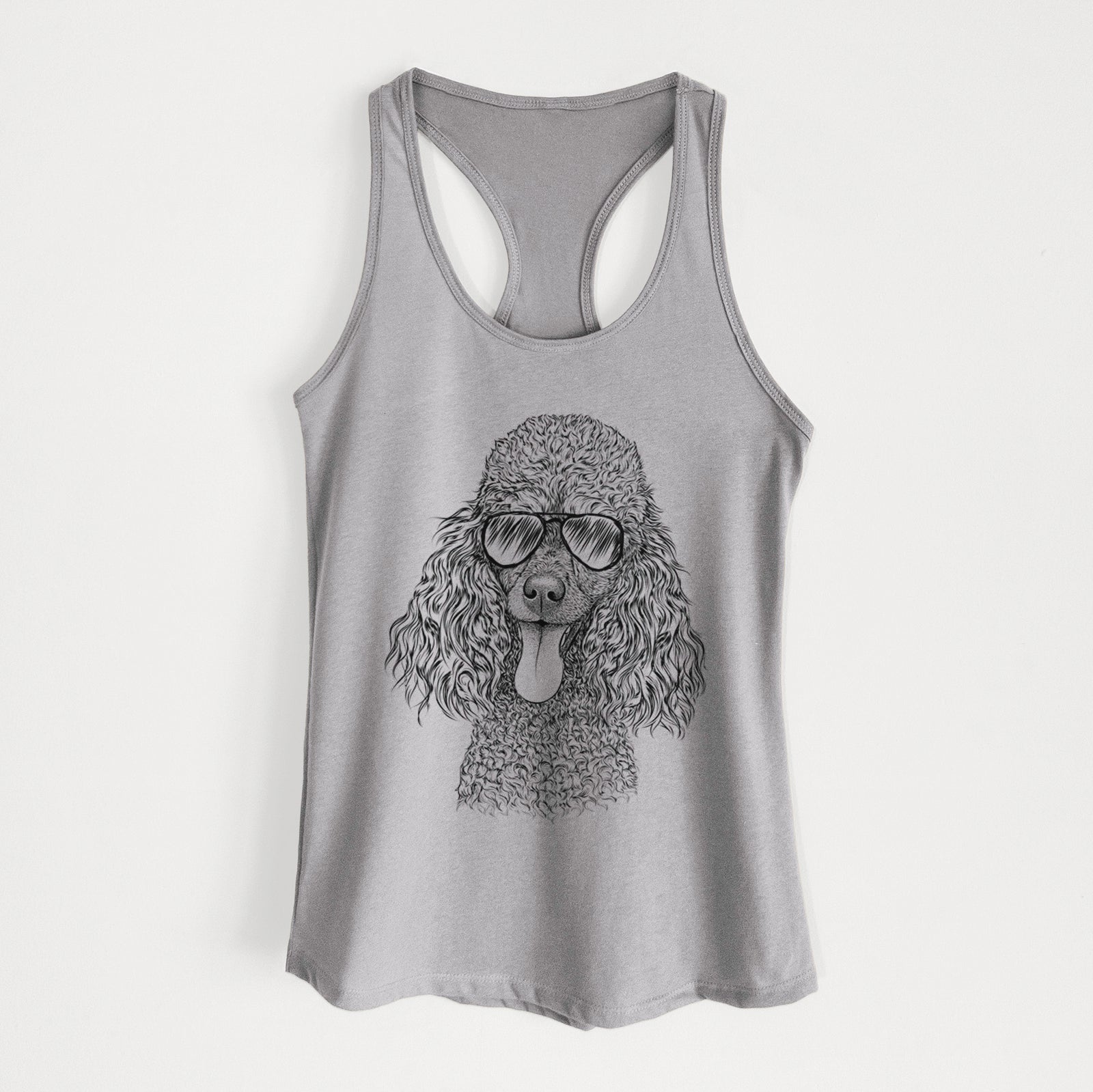Hand-drawn sketch of Teddy the Mini Poodle wearing aviator sunglasses on a Heather Grey Women's racerback tanktop
