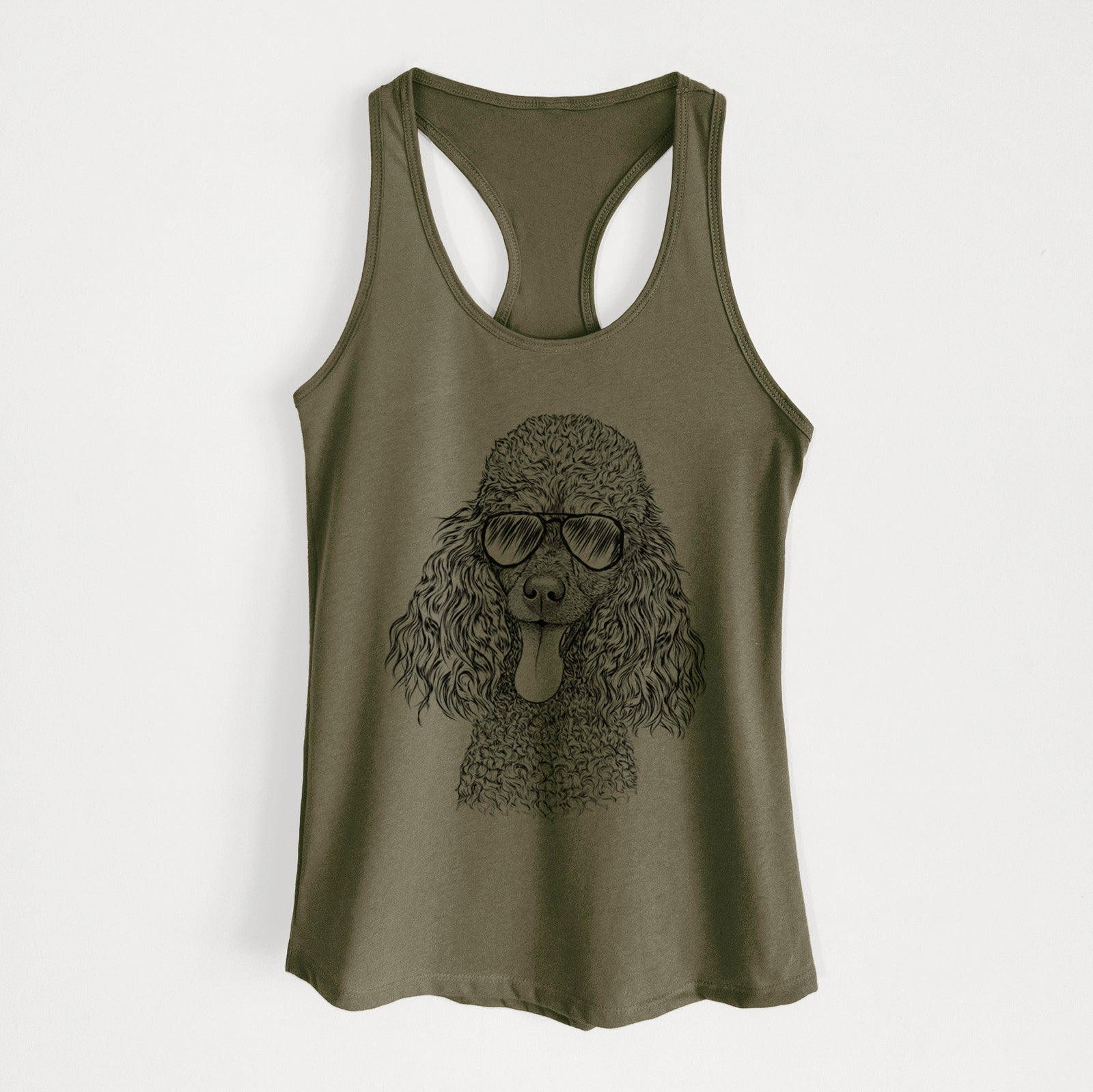 Hand-drawn sketch of Teddy the Mini Poodle wearing aviator sunglasses on a Military Green Women's racerback tanktop
