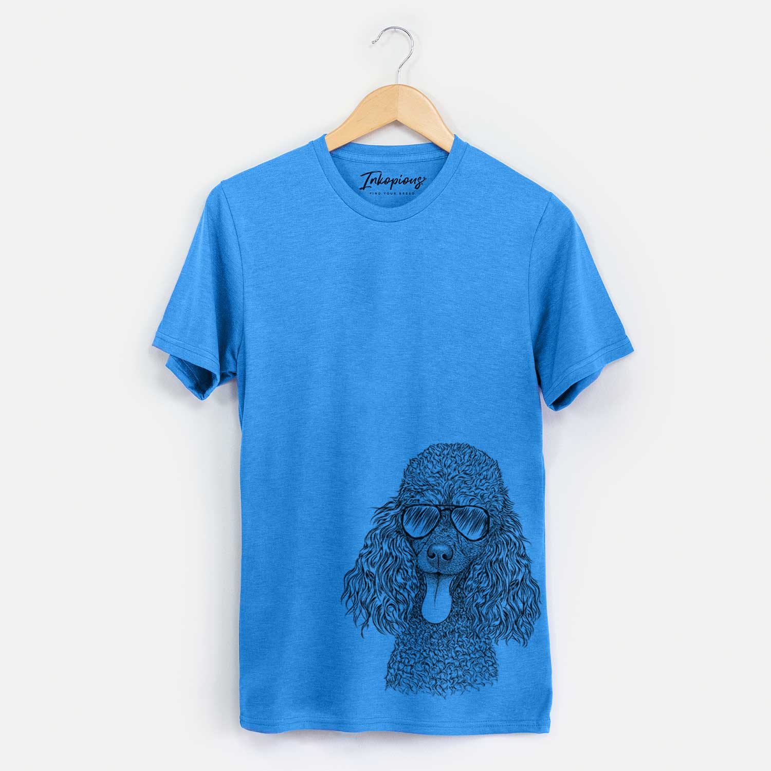 Hand-drawn sketch of Teddy the Mini Poodle wearing aviator sunglasses on a Blue Unisex crewneck