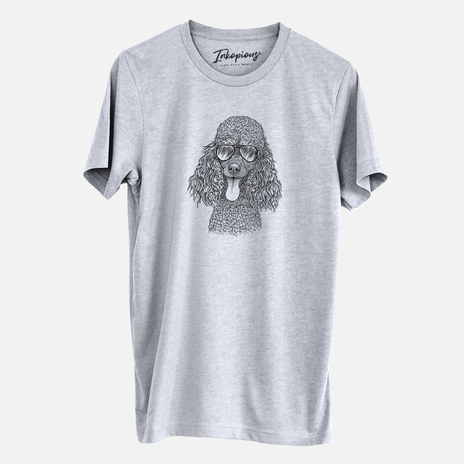 Hand-drawn sketch of Teddy the Mini Poodle wearing aviator sunglasses on a Grey Unisex crewneck