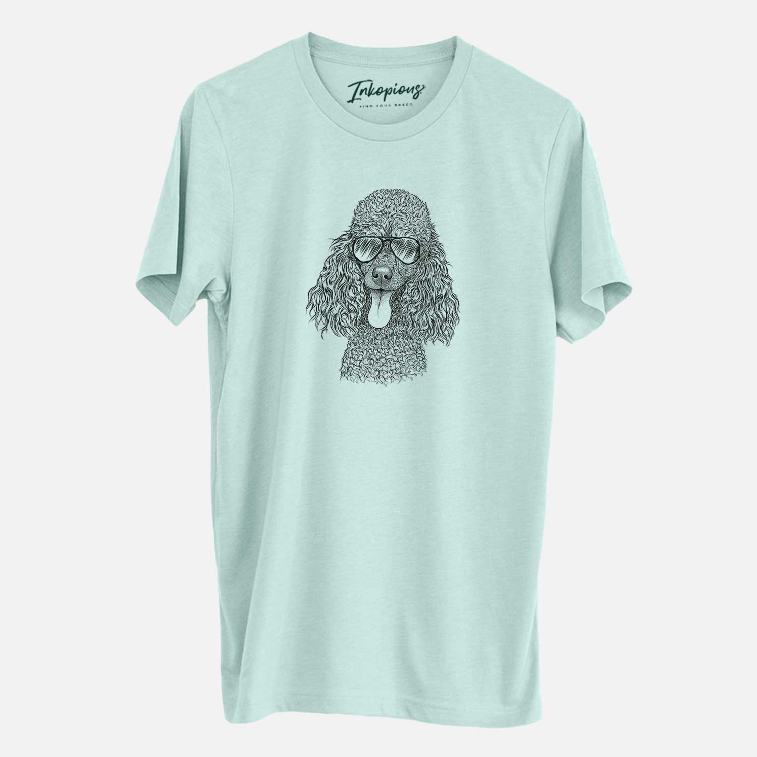 Hand-drawn sketch of Teddy the Mini Poodle wearing aviator sunglasses on a Heather Sage Unisex crewneck