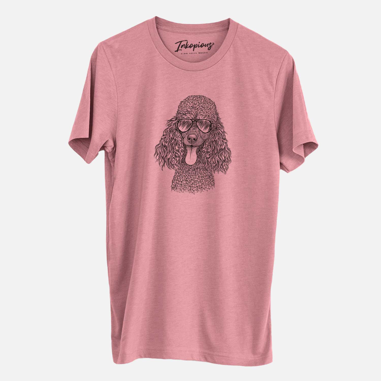 Hand-drawn sketch of Teddy the Mini Poodle wearing aviator sunglasses on a Mauve Unisex crewneck