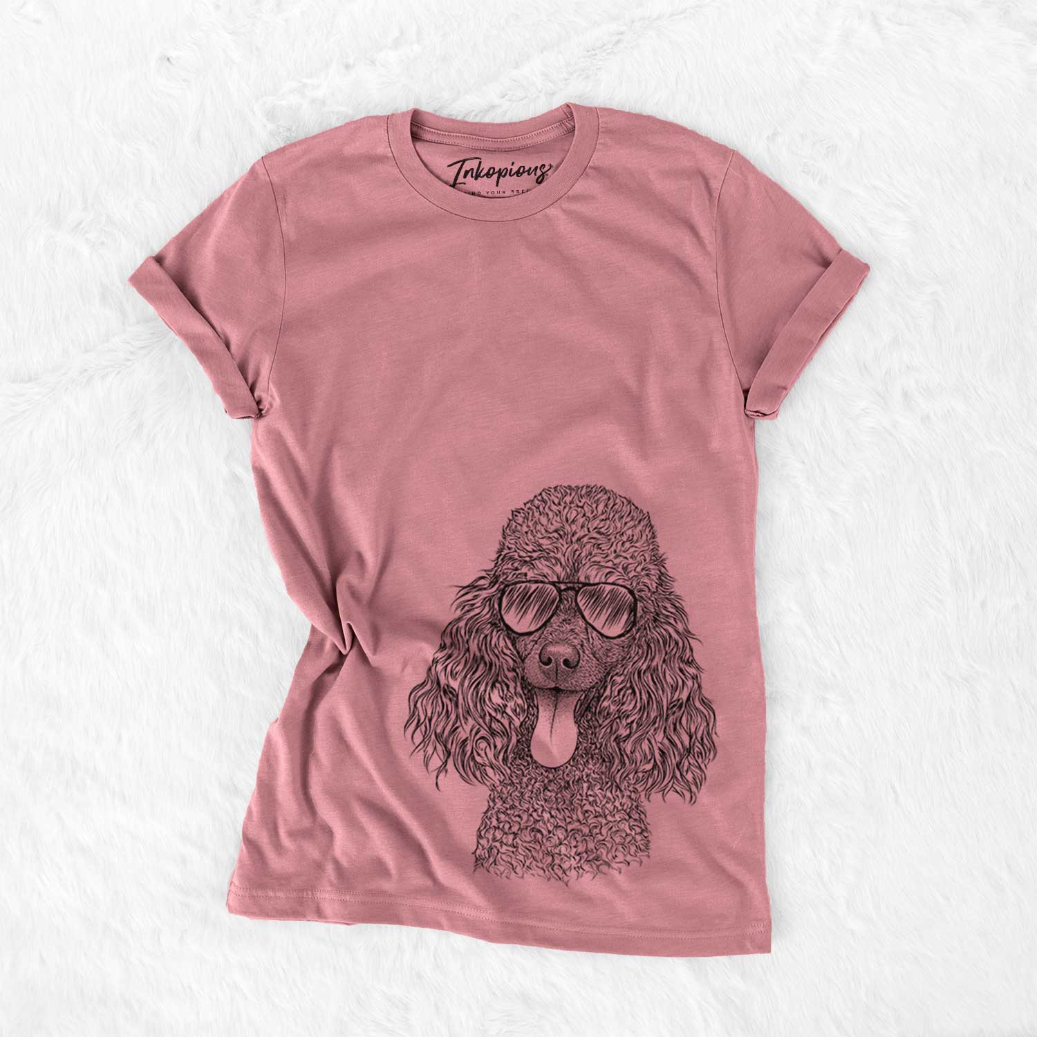 Hand-drawn sketch of Teddy the Mini Poodle wearing aviator sunglasses on a Mauve Unisex crewneck