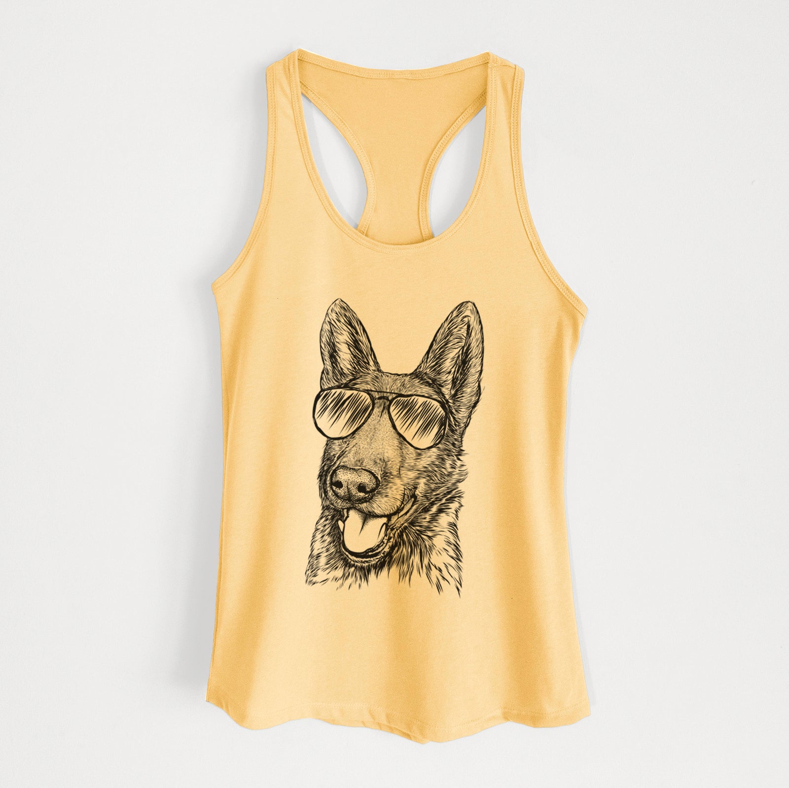 Hand-drawn sketch of Tena the German Shepherd wearing aviator sunglasses on a Banana Cream Women's racerback tanktop