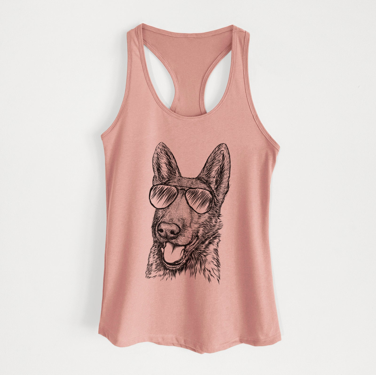 Hand-drawn sketch of Tena the German Shepherd wearing aviator sunglasses on a Desert Pink Women's racerback tanktop