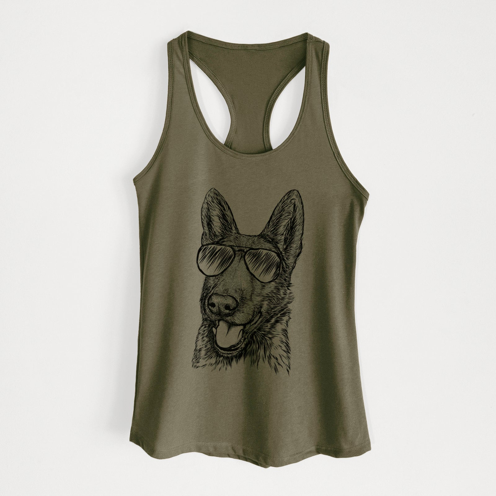 Hand-drawn sketch of Tena the German Shepherd wearing aviator sunglasses on a Military Green Women's racerback tanktop