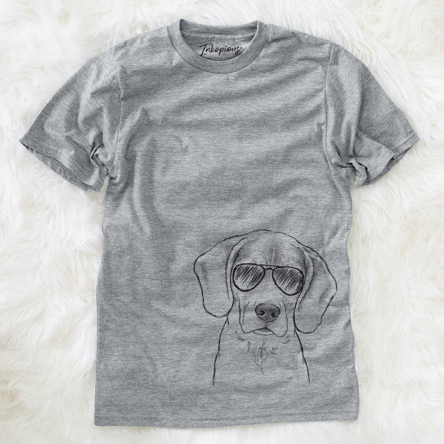 Hand-drawn sketch of Thea the Beagle wearing aviator sunglasses on a Grey Unisex crewneck