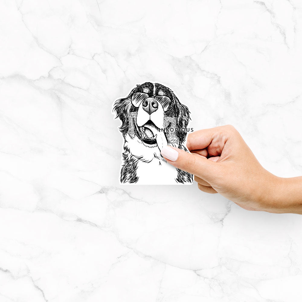 Hand-drawn sketch of Theo the Bernese Mountain Dog wearing aviator sunglasses on a decal sticker