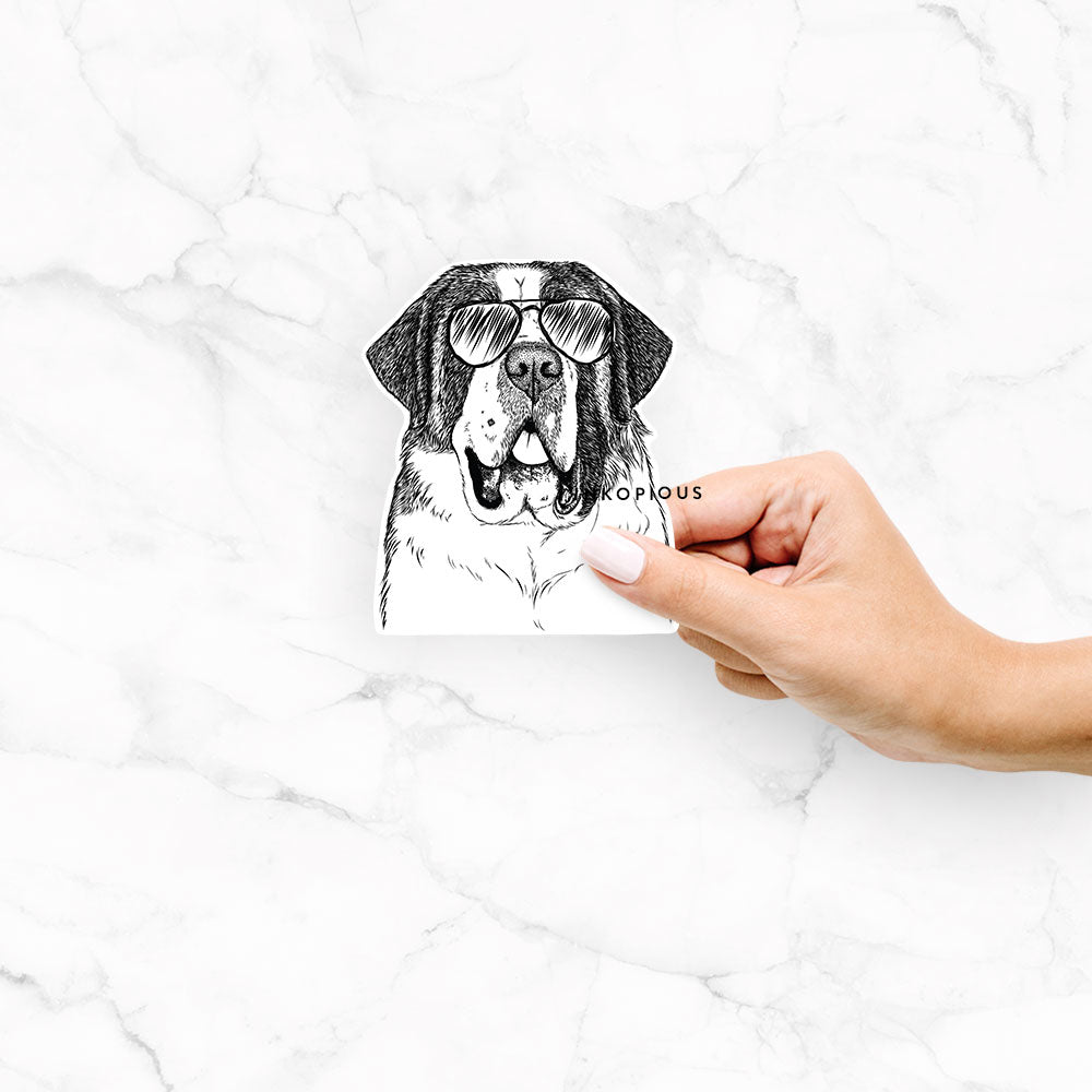 Hand-drawn sketch of Thor the Saint Bernard wearing aviator sunglasses on a decal sticker
