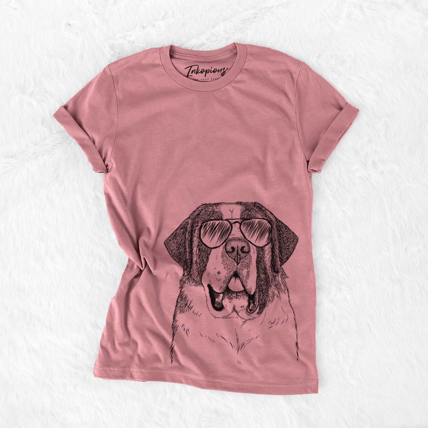 Hand-drawn sketch of Thor the Saint Bernard wearing aviator sunglasses on a Mauve Bella Canvas Unisex Crewneck