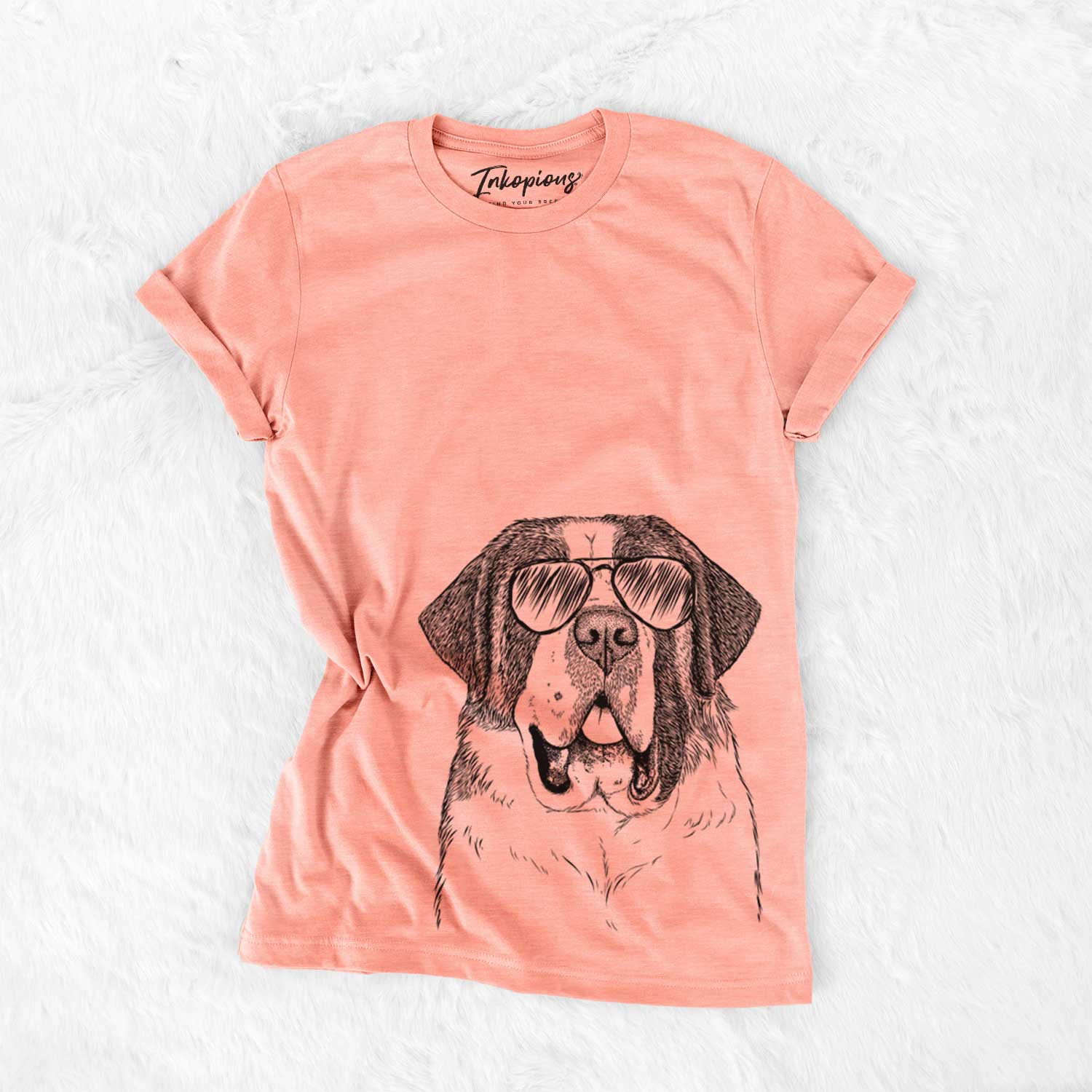 Hand-drawn sketch of Thor the Saint Bernard wearing aviator sunglasses on a Sunset Bella Canvas Unisex Crewneck