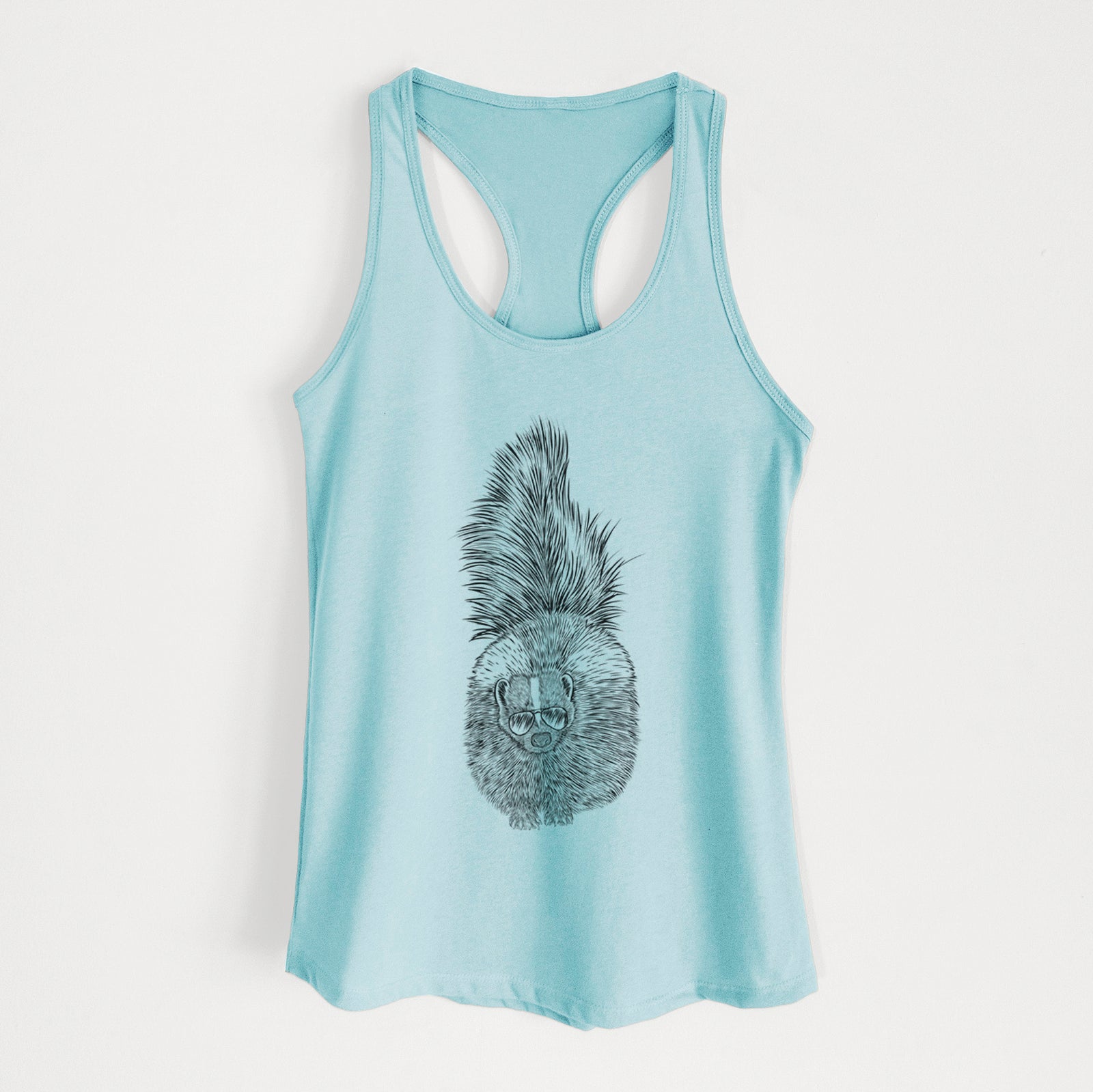 Hand-drawn sketch of Tibbs the Skunk wearing aviator sunglasses on a Cancun Blue Women's racerback tanktop