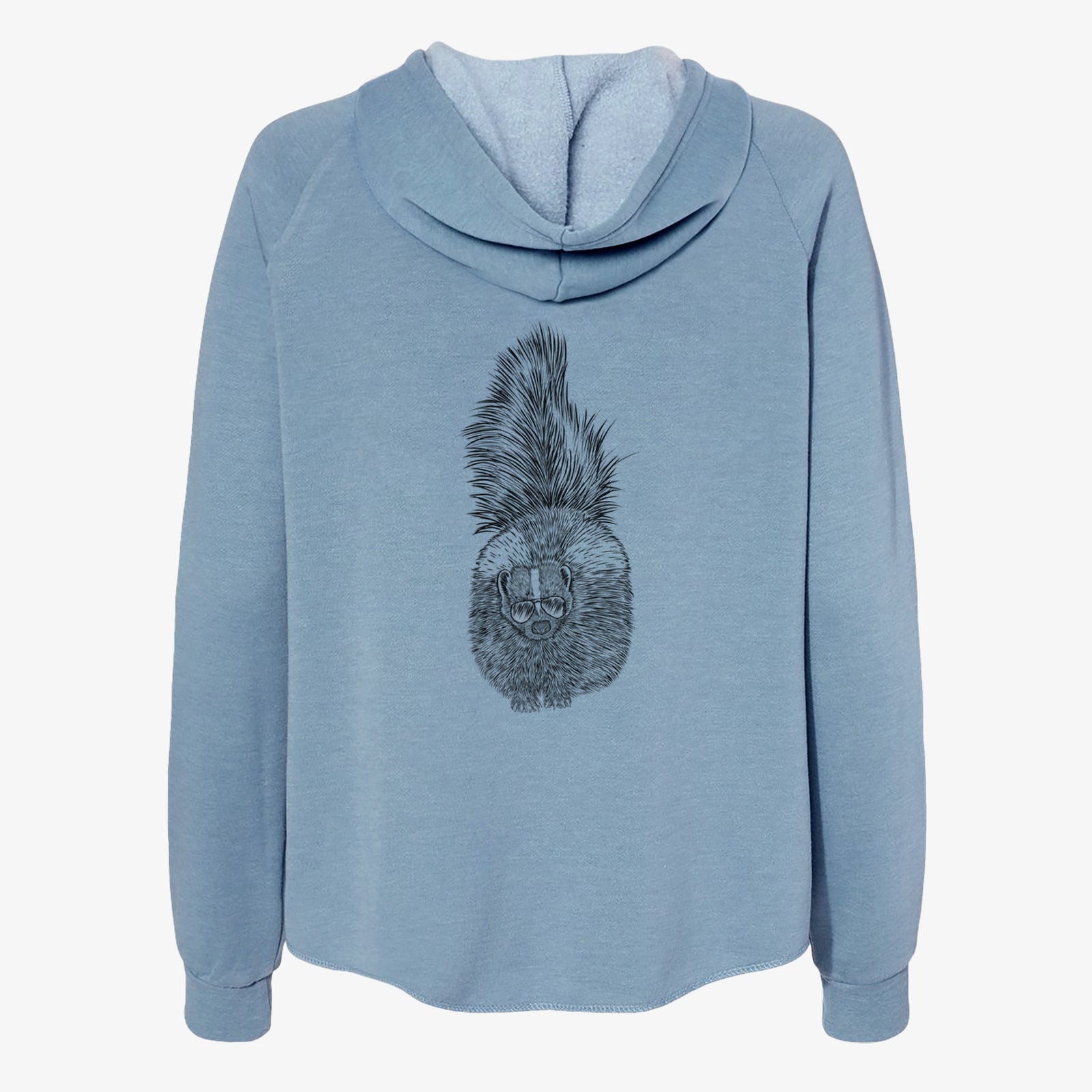 Hand-drawn sketch of Tibbs the Skunk wearing aviator sunglasses on a Misty Blue Women's cali wave zip-up sweatshirt