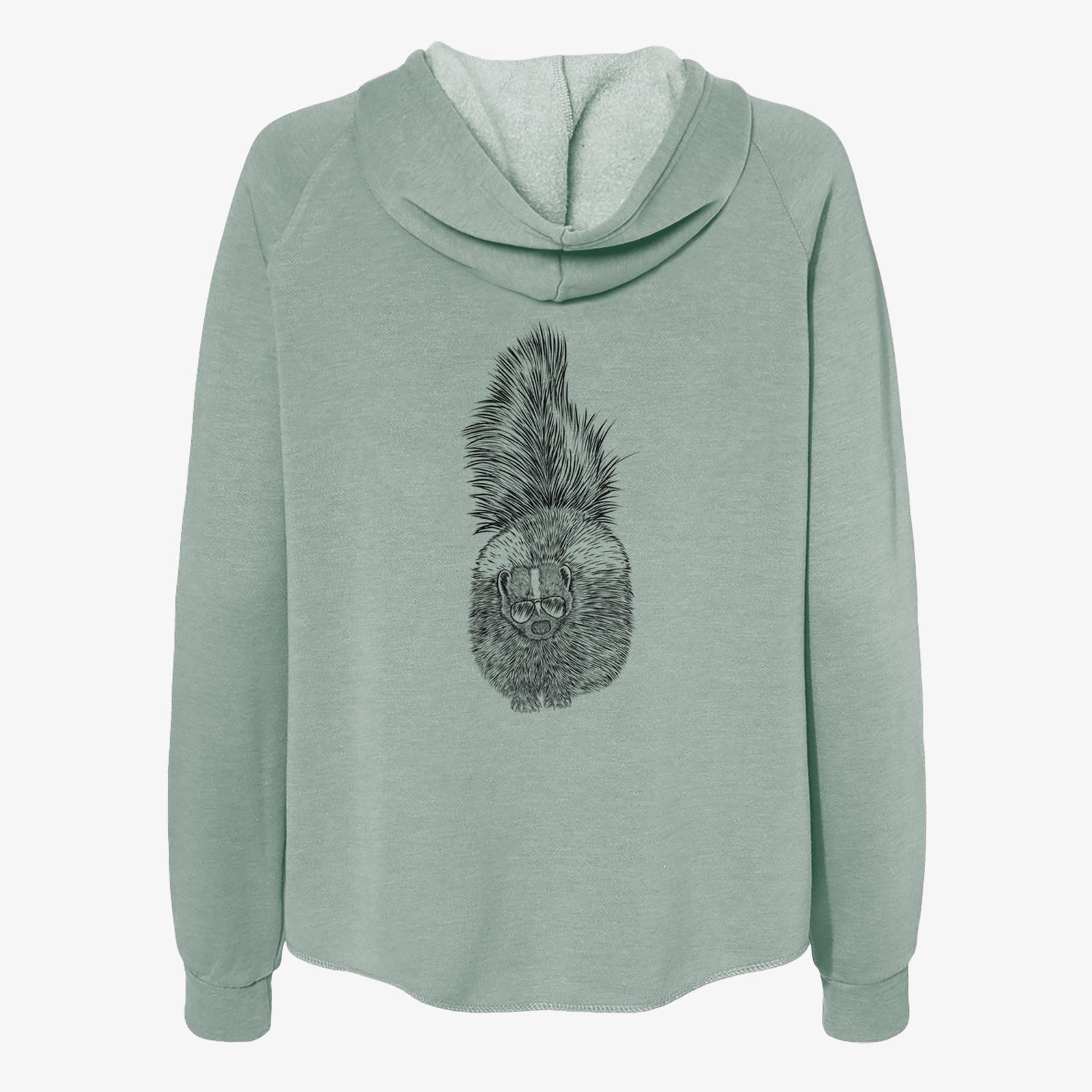 Hand-drawn sketch of Tibbs the Skunk wearing aviator sunglasses on a Sage Women's cali wave zip-up sweatshirt