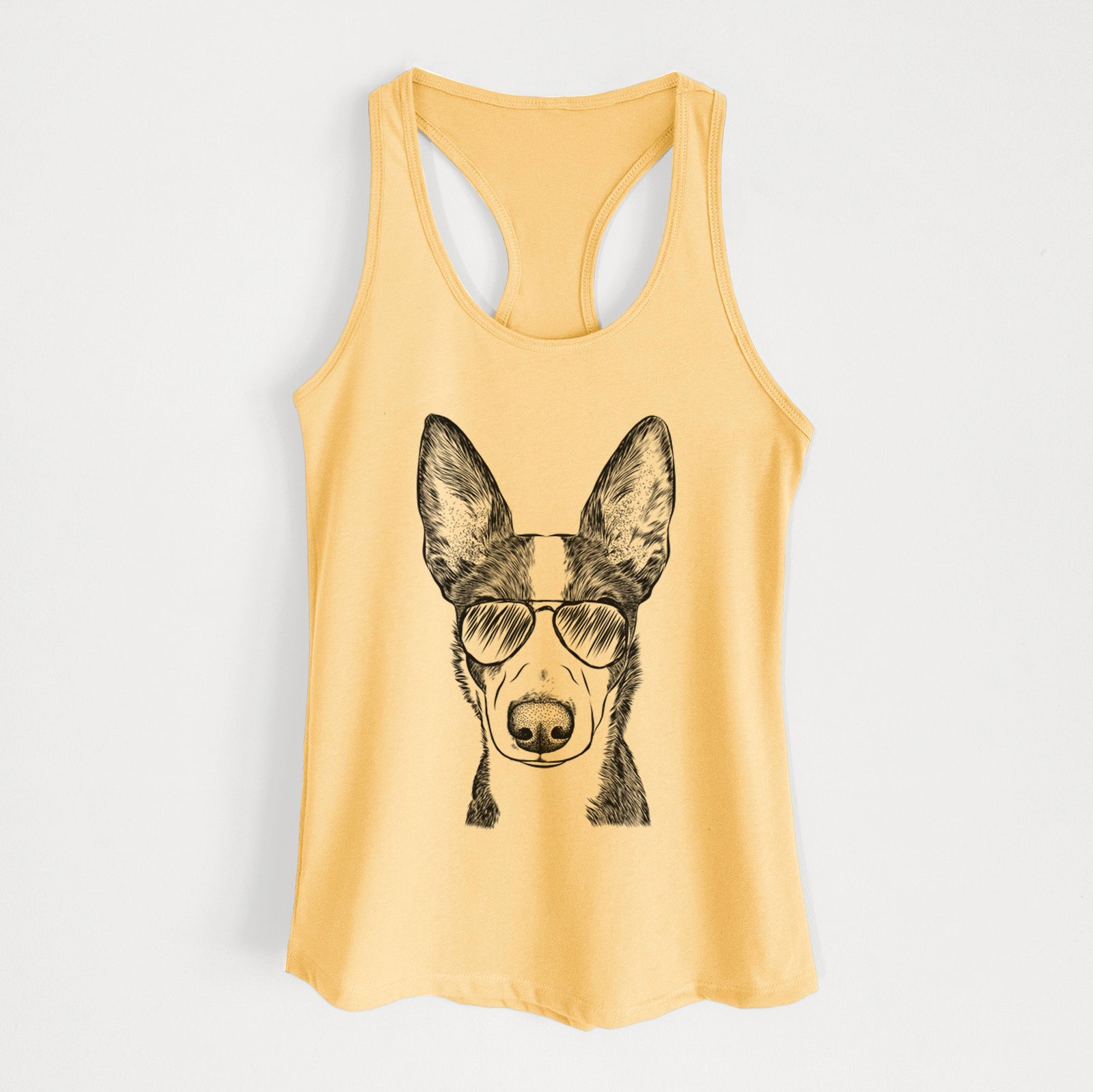 Hand-drawn sketch of Tigm the Bippet wearing aviator sunglasses on a Banana Cream Women's racerback tanktop