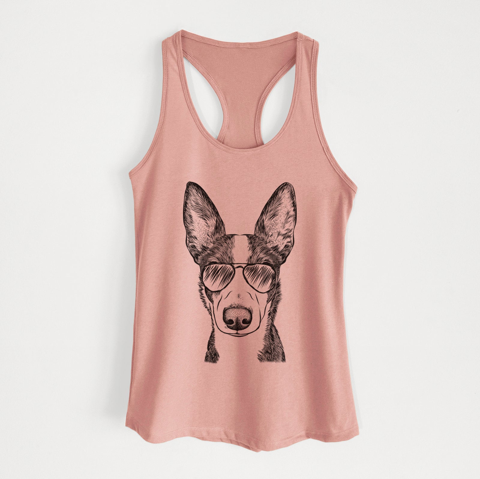 Hand-drawn sketch of Tigm the Bippet wearing aviator sunglasses on a Desert Pink Women's racerback tanktop