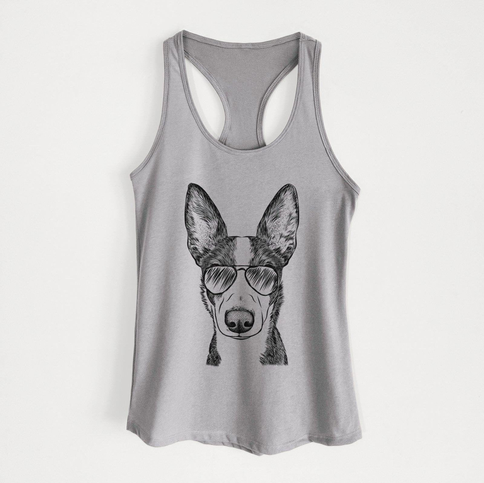 Hand-drawn sketch of Tigm the Bippet wearing aviator sunglasses on a Heather Grey Women's racerback tanktop