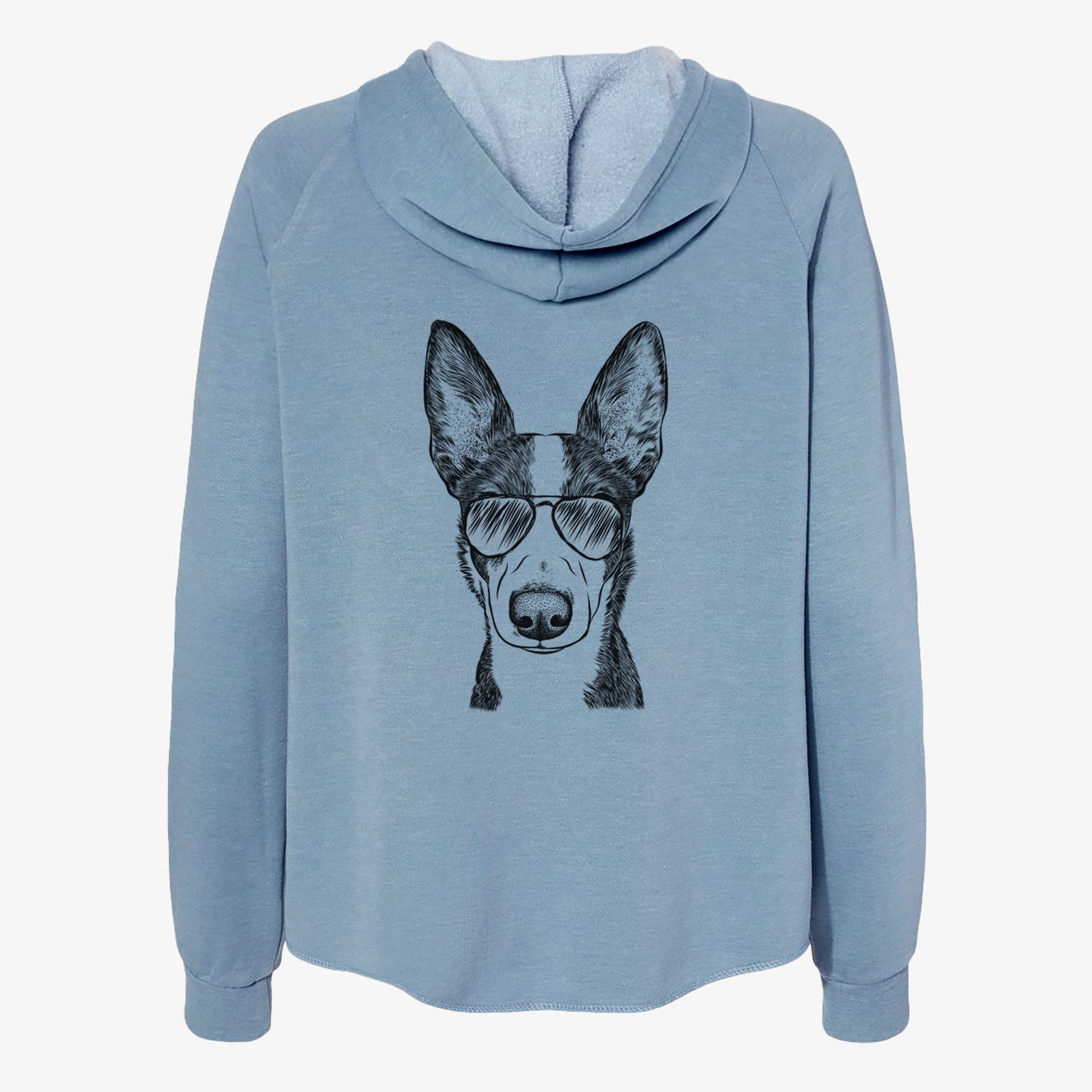 Hand-drawn sketch of Tigm the Bippet wearing aviator sunglasses on a Misty Blue Women's cali wave zip-up sweatshirt