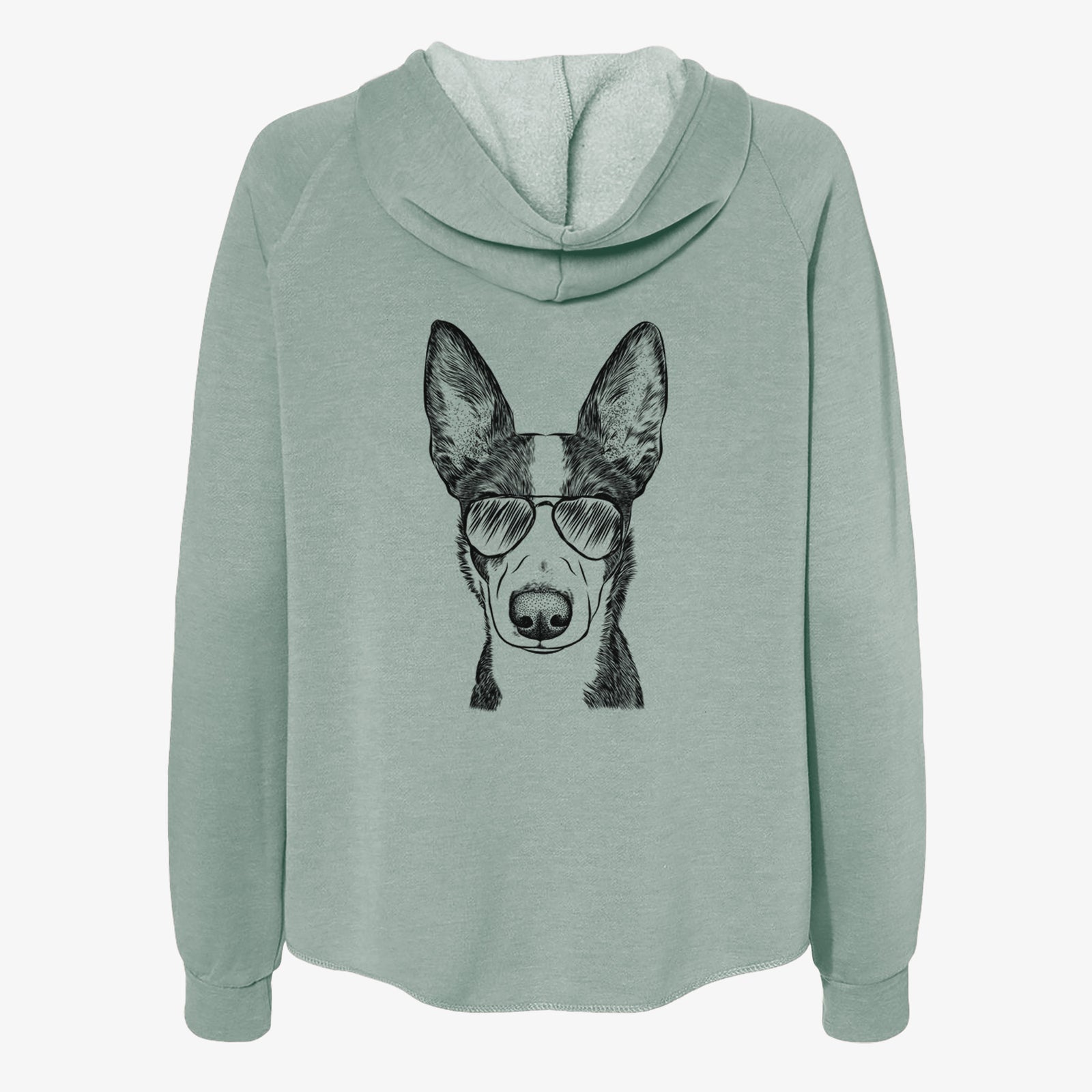 Hand-drawn sketch of Tigm the Bippet wearing aviator sunglasses on a Sage Women's cali wave zip-up sweatshirt