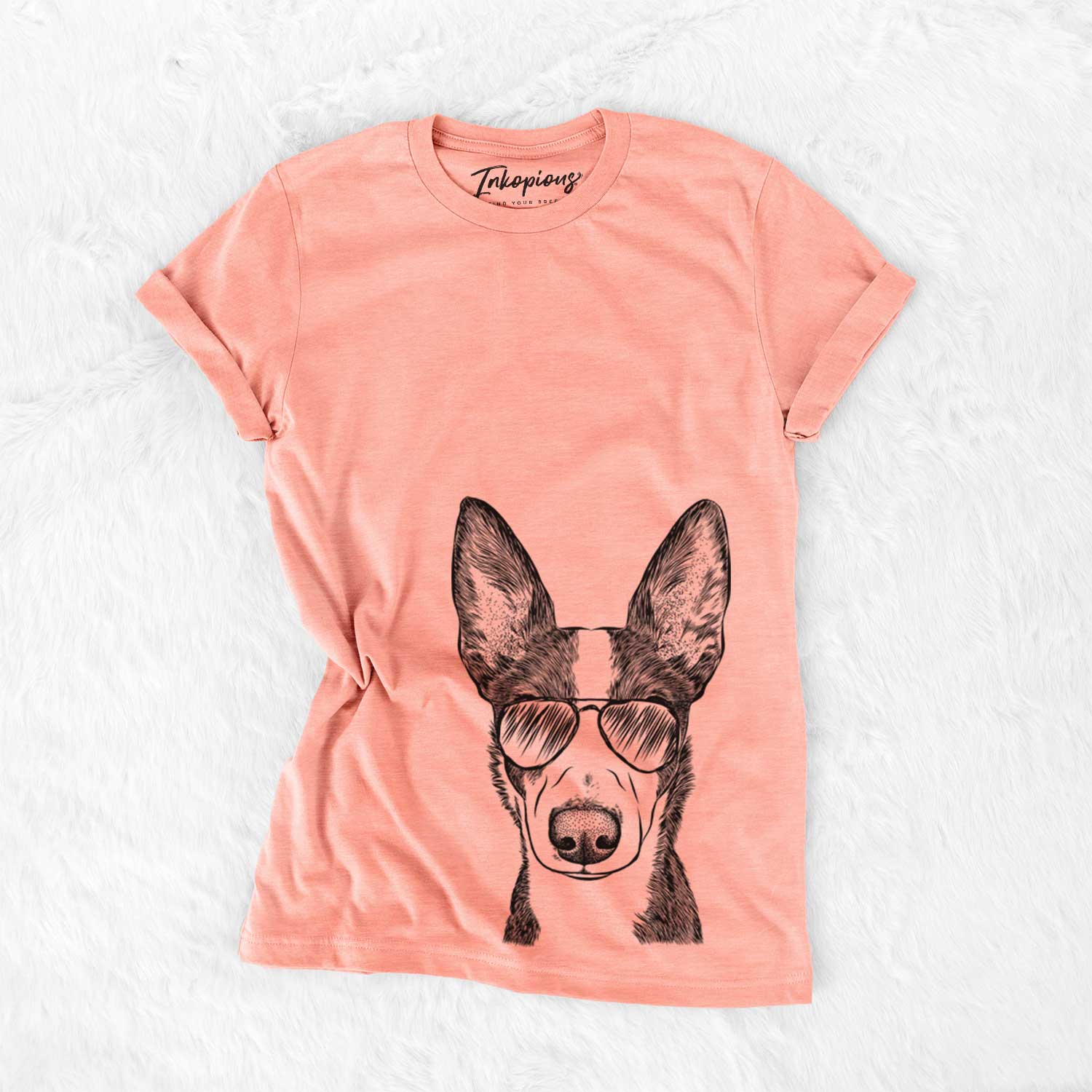 Hand-drawn sketch of Tigm the Bippet wearing aviator sunglasses on a Sunset Bella Canvas Unisex Crewneck