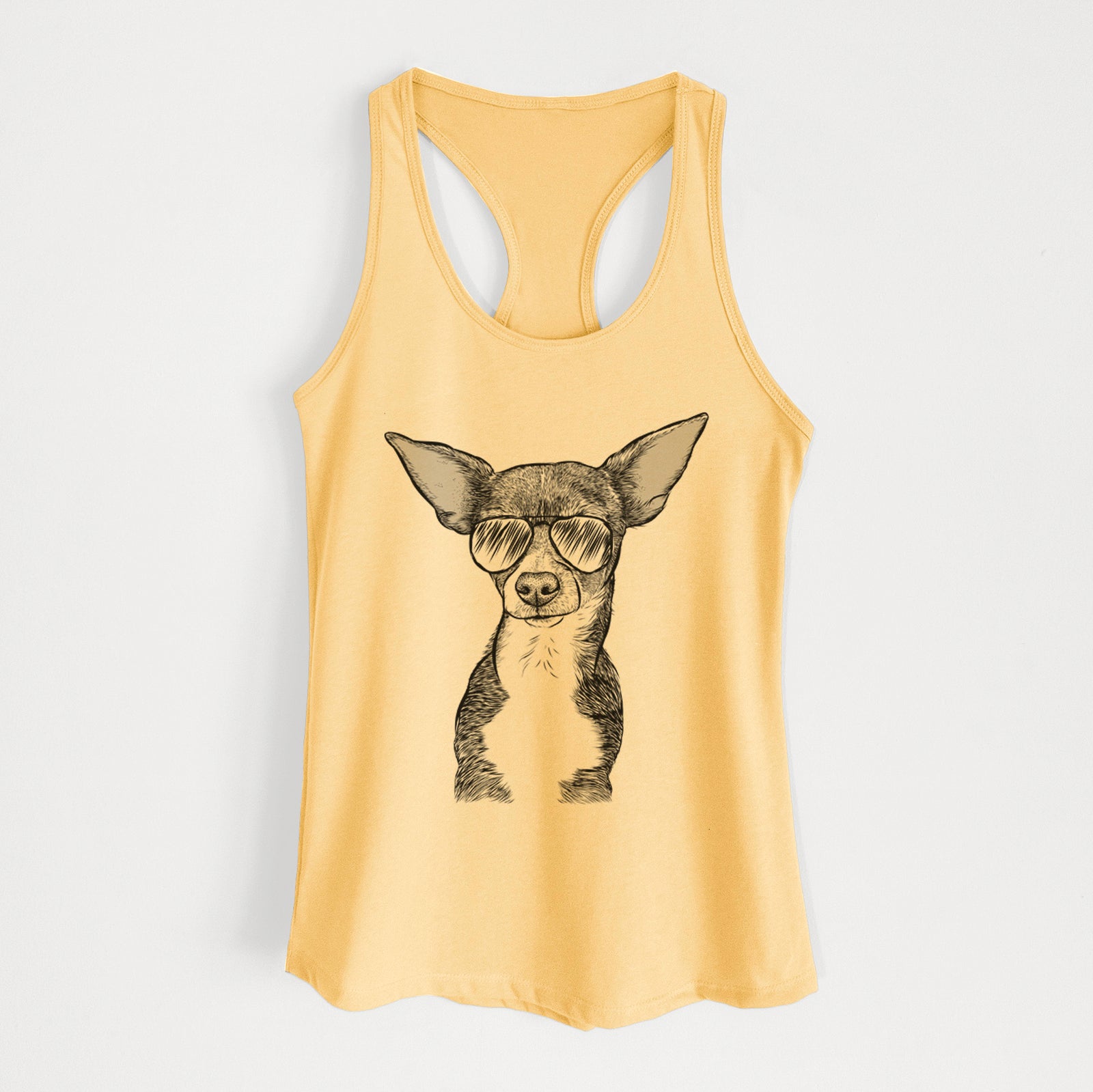 Hand-drawn sketch of Tiny Archie the Mixed Breed wearing aviator sunglasses on a Banana Cream Women's racerback tanktop