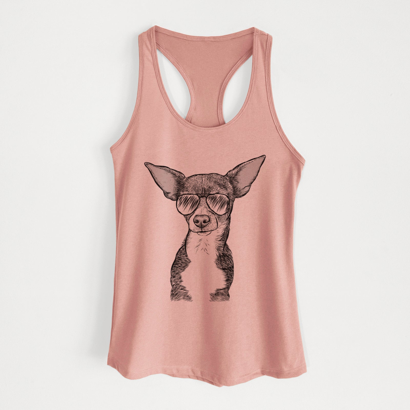 Hand-drawn sketch of Tiny Archie the Mixed Breed wearing aviator sunglasses on a Desert Pink Women's racerback tanktop