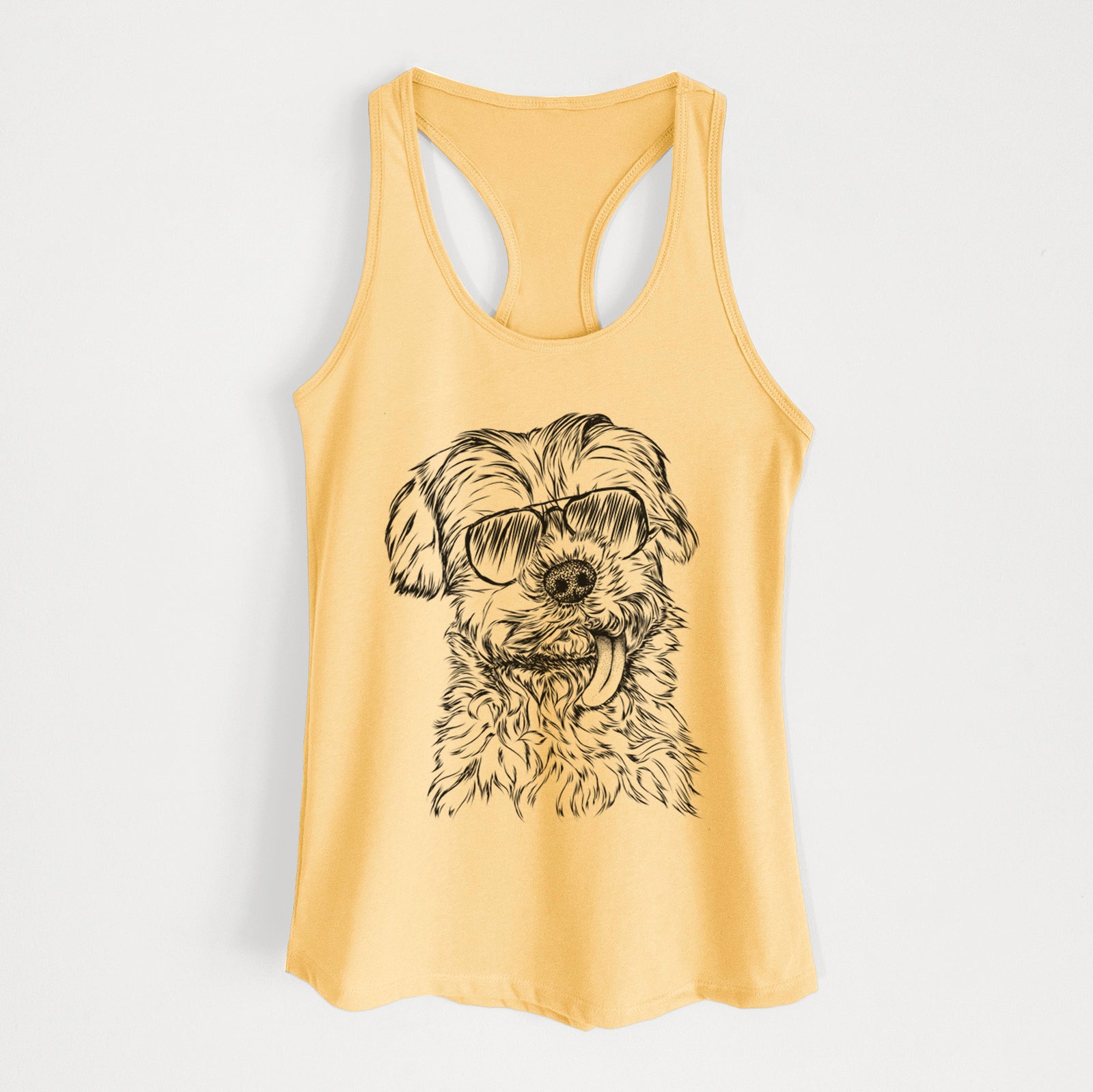 Hand-drawn sketch of Tiny Titan the Shih Tzu wearing aviator sunglasses on a Banana Cream Women's racerback tanktop