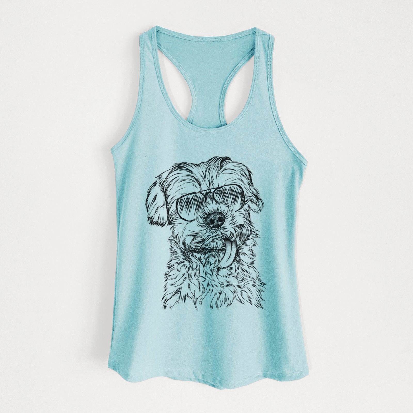 Hand-drawn sketch of Tiny Titan the Shih Tzu wearing aviator sunglasses on a Cancun Blue Women's racerback tanktop