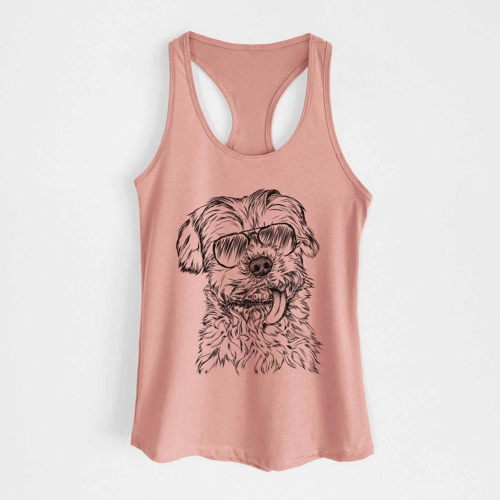 Hand-drawn sketch of Tiny Titan the Shih Tzu wearing aviator sunglasses on a Desert Pink Women's racerback tanktop