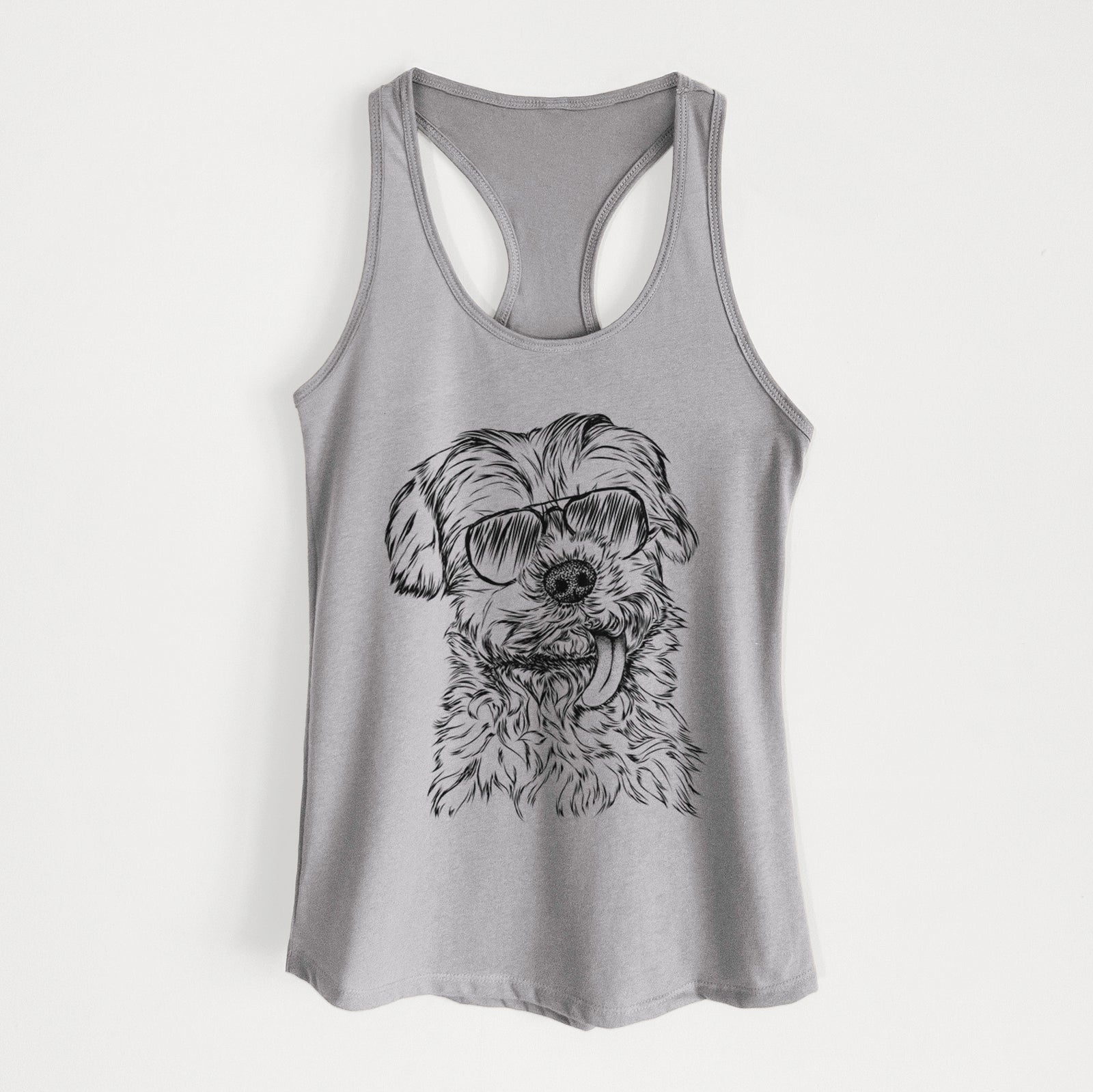 Hand-drawn sketch of Tiny Titan the Shih Tzu wearing aviator sunglasses on a Heather Grey Women's racerback tanktop
