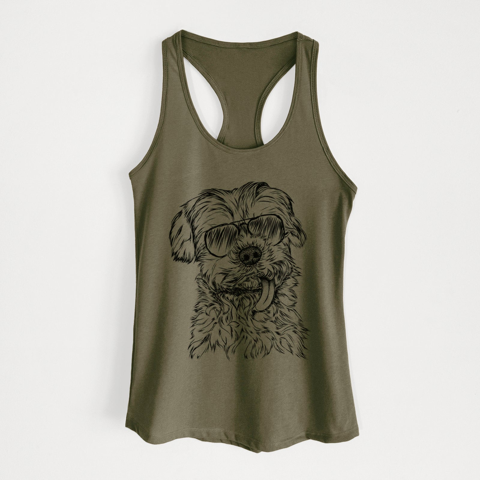 Hand-drawn sketch of Tiny Titan the Shih Tzu wearing aviator sunglasses on a Military Green Women's racerback tanktop