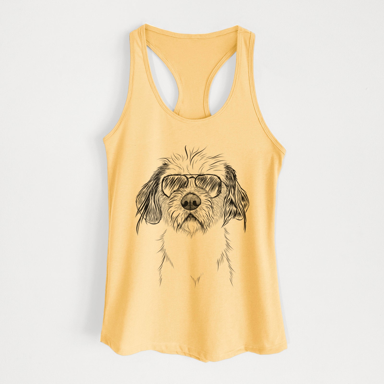 Hand-drawn sketch of Tiny Tucker the Mixed Breed wearing aviator sunglasses on a Banana Cream Women's racerback tanktop